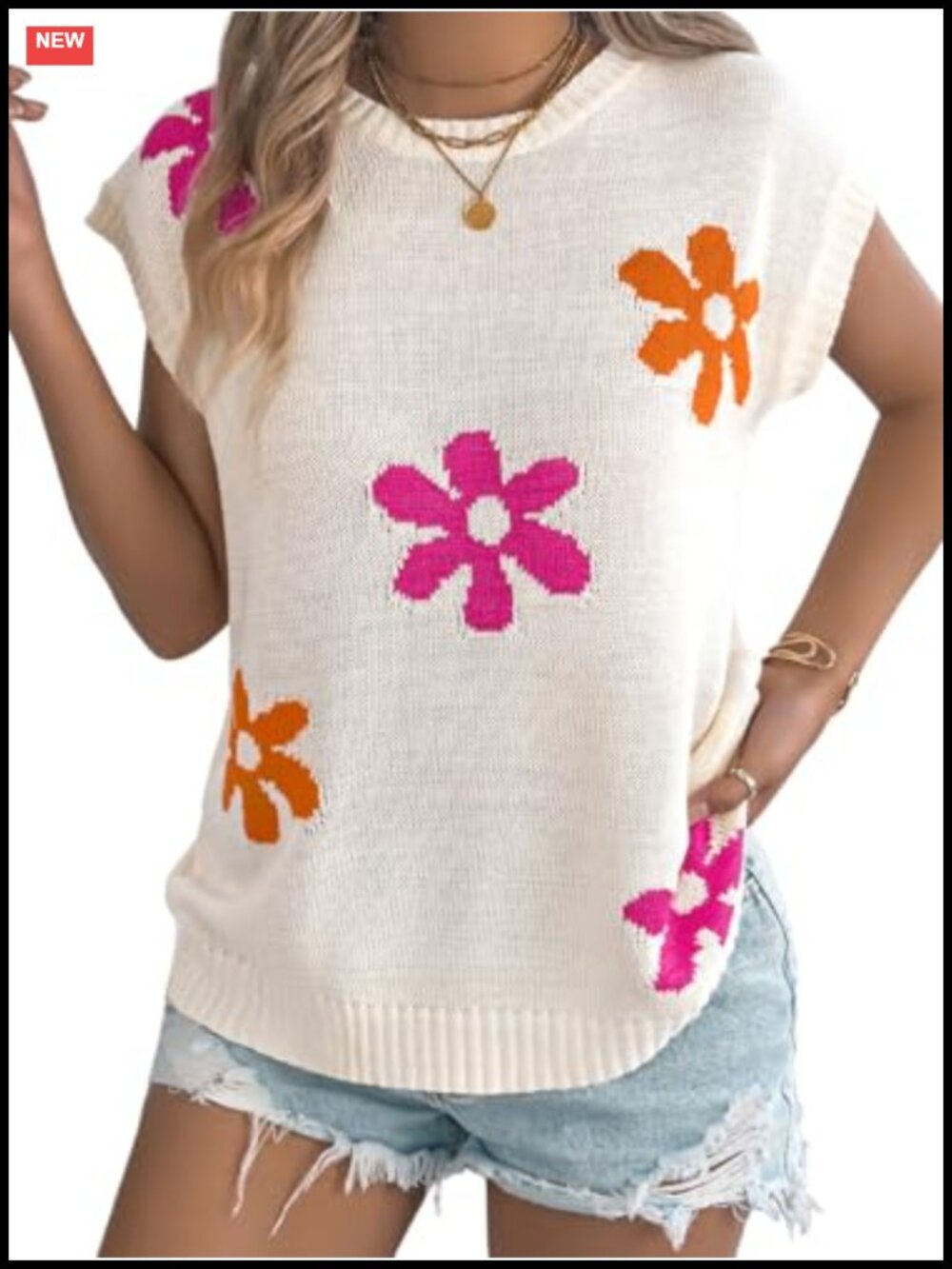 Women's Floral Cap Sleeve Knit Sweater Vest - Lightweight Summer Pullover